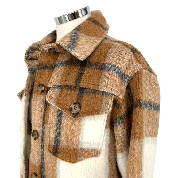Avec Les Filles Plaid Shacket Jacket Button-Up Brown Cream Size Small - Picture 4 of 11